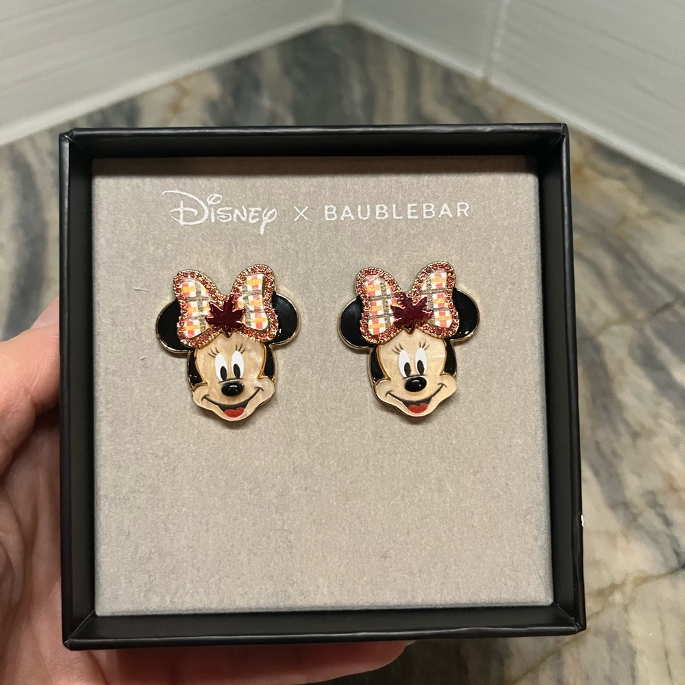 Disney Minnie Mouse Gold Tone Stud Earrings with Plaid Bow